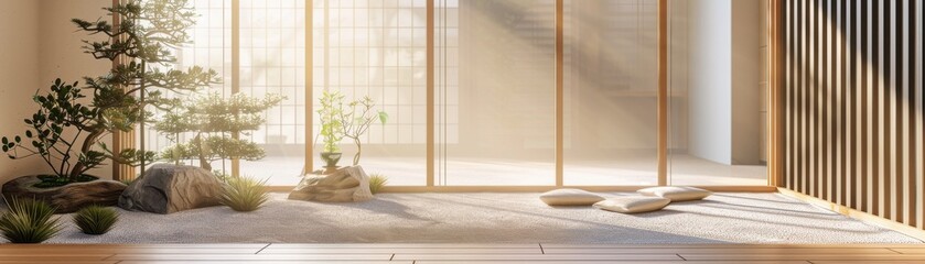 Indoor zen garden with bamboo flooring and Shoji screens