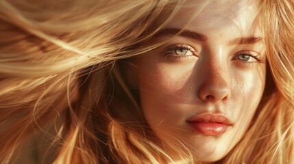 Close-up of the face of a girl with light brown hair. The concept of improving the appearance of hair, revealing femininity and attractiveness, and developing the hairdressing business.