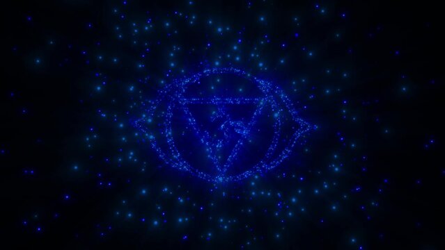 cyclic 3D rendering. Ajna chakra in esotericism. the glowing particles scatter in different directions