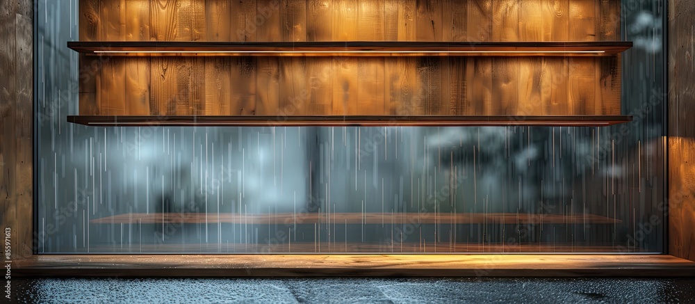 Poster brown wood shelves with windows on a rainy day. copy space image. place for adding text and design