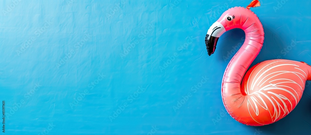 Poster inflatable pink flamingo on blue background, pool party, summer concept. summer background with copy