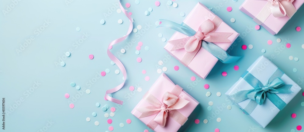 Poster gift boxes with ribbon and bow on pastel background. copy space image. place for adding text and des