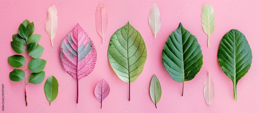 Poster collage of different leaves isolated on pastel background. copy space image. place for adding text a