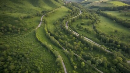 Aerial drone view of a country road flowing through verdant surroundings