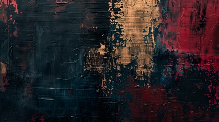 Textured abstract painting with thick brushstrokes in shades of black, red, and gold.