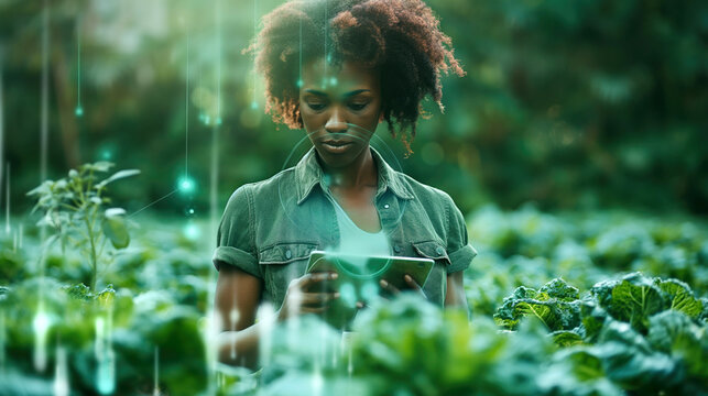 African woman using a tablet in a verdant agricultural field with digital interface overlay. Advanced technology enhancing modern farming practices. - Powered by Adobe