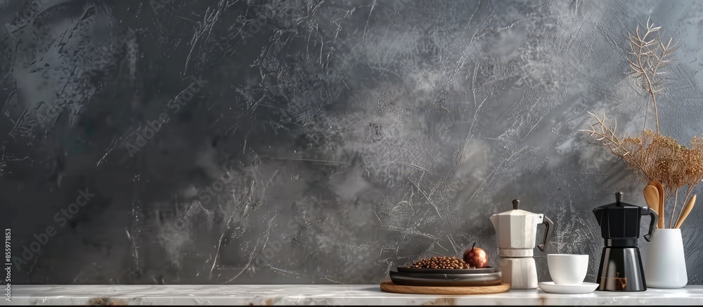 Poster front view of the modern marble kitchen countertop with items for the coffee ceremony. grey textured wall. space for text. Copy space image. Place for adding text and design