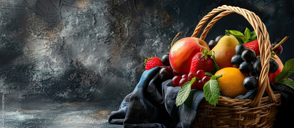 Poster fruits in the basket. assorted fruits in wicker basket. copy space image. place for adding text or d