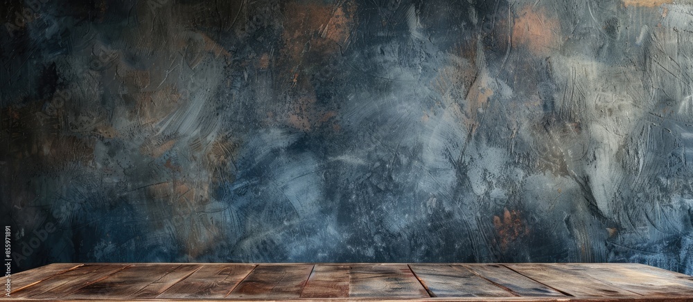 Poster wooden table over wall grunge background. copy space image. place for adding text and design