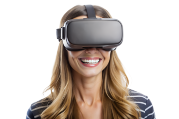 Smiling woman with a virtual reality headset 
isolated on a transparent background