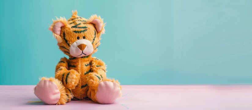 Plush tigger with a torn head. Sewing kit. Torn toy. pastel background. Copy space image. Place for adding text and design