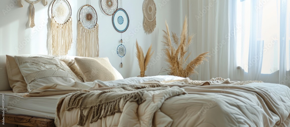 Poster ethnic bed sheets with dreamcatchers above the bed. copy space image. place for adding text and desi