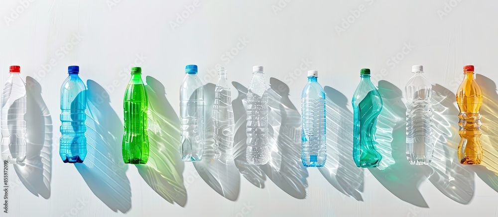 Poster collection of empty used plastic bottles on white background. each one is shot separately. copy spac