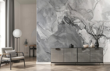  Modern luxury interior design with grey marble wall, gray stone texture for photo wallpaper or mural on the walls. Created with Ai