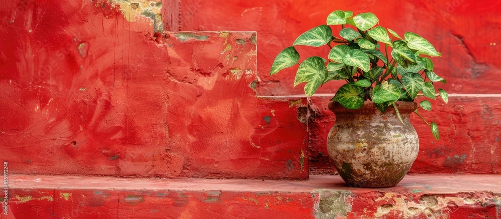 Canvas Prints Epipremnum in a ceramic pot on the red step. Copy space image. Place for adding text and design