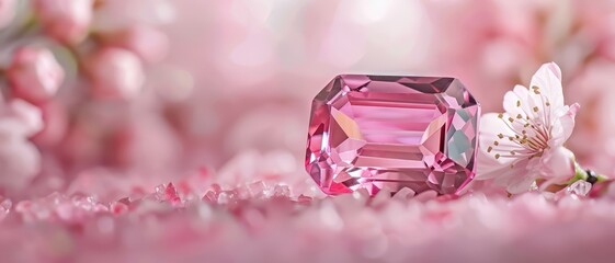 Elegant pink tourmaline gemstone, showcased against a soft, pastel background