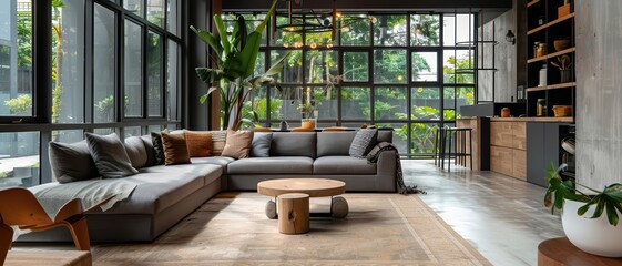 Stylish living room with modern furniture, cozy atmosphere, copy space