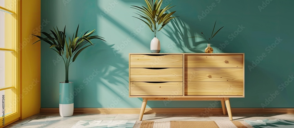 Poster modern chest of drawers near color wall in room. copy space image. place for adding text and design