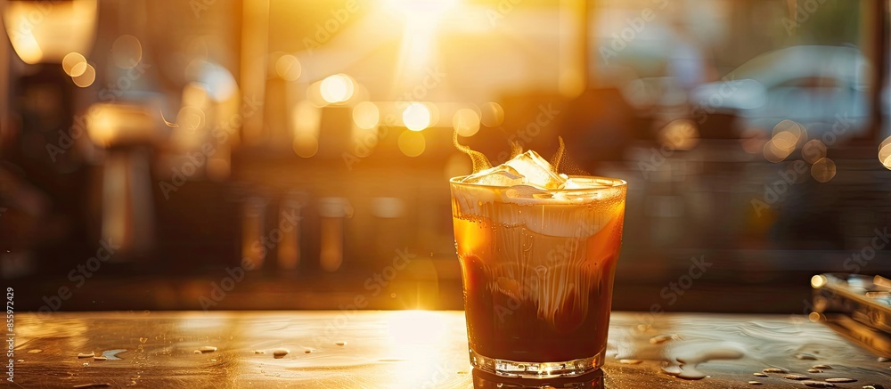 Wall mural Glass of a iced coffee with cream milk. Cold brew coffee drink with ice. Early morning sun light. Copy space.