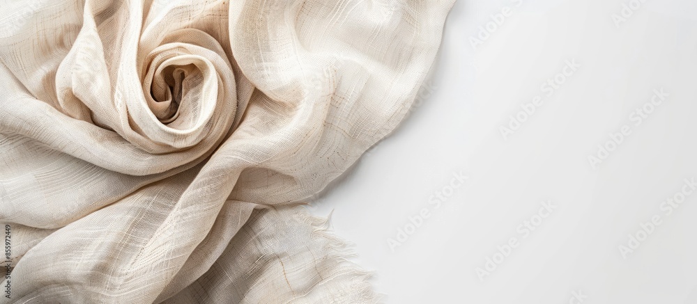 Poster beige fabric napkin on white background, top view. copy space image. place for adding text or design
