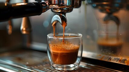 Smooth espresso shot poured into a transparent glass cup. Aromatic coffee experience