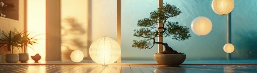 Paper lanterns casting soft light in a tatami room