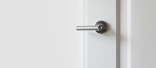 Fototapeta premium Modern style silver door handle on white door. Copy space image. Place for adding text and design