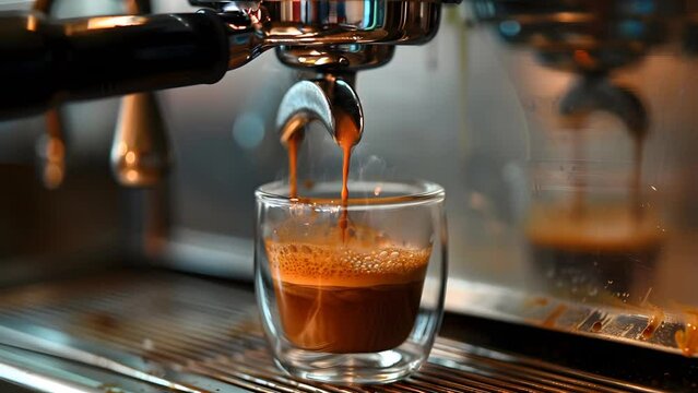 Smooth espresso shot poured into a transparent glass cup. Aromatic coffee experience