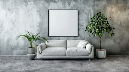 Empty frame on living room wall, modern decor, natural light, home interior, design mockup