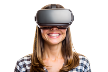 Smiling woman with a virtual reality headset 
isolated on a transparent background