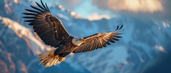 Majestic eagle soaring in the blue sky, mountains in the background, vibrant colors,