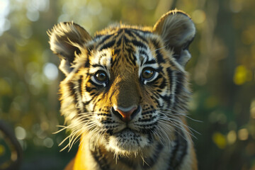 Naklejka premium Close up portrait of a Bengal tiger cub looking at the camera. The concept of studying this type of wild animal. 