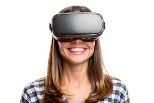 Smiling woman with a virtual reality headset 
isolated on a transparent background