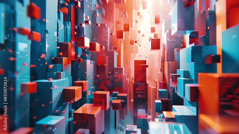 Poster abstract 3d illustration of vibrant blocks in dynamic arrangement, showcasing digital technology and