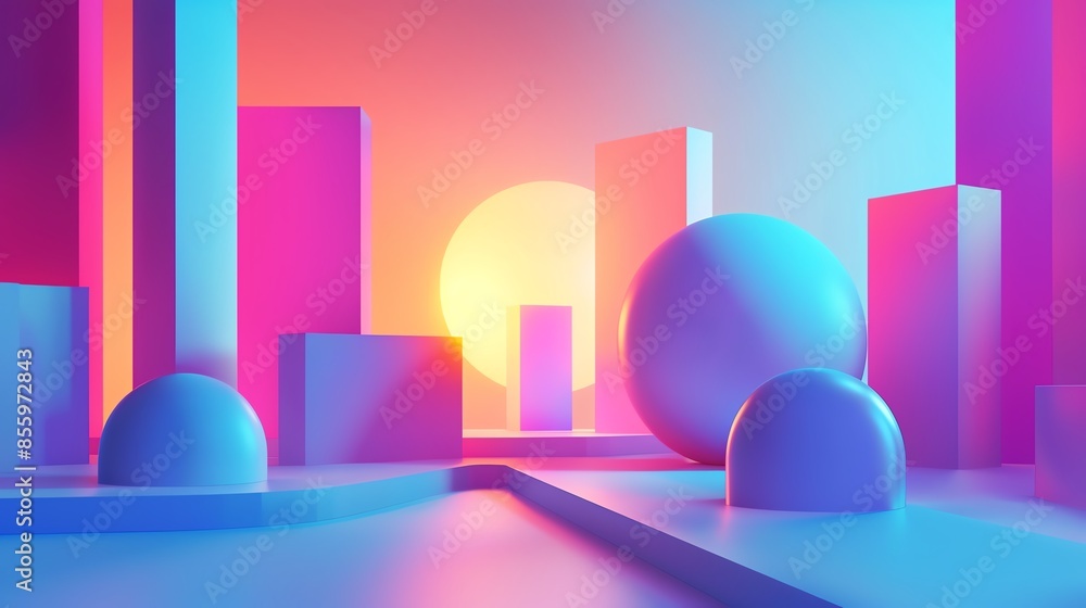 Poster abstract 3d rendering of geometric shapes in colorful gradient lighting, depicting modern and futuri