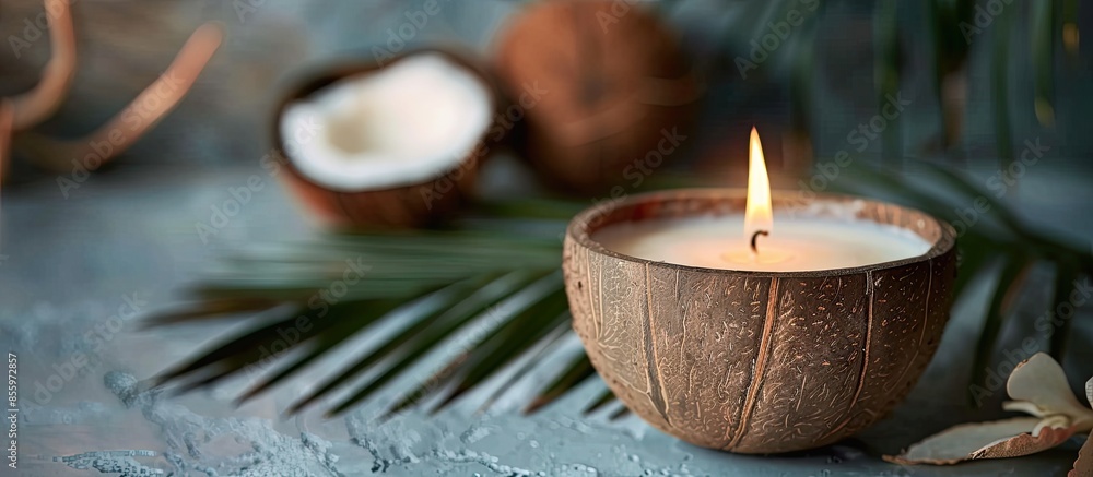 Poster original candle in coconut from natural soy wax with a wooden wick . copy space image. place for add