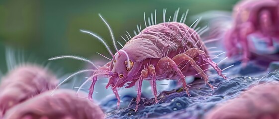 Detailed image of dust mites under microscope, high detail, natural colors, with copy space