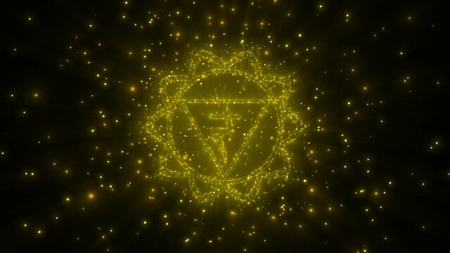 cyclic 3D rendering. Manipura chakra in esotericism. the glowing particles scatter in different directions