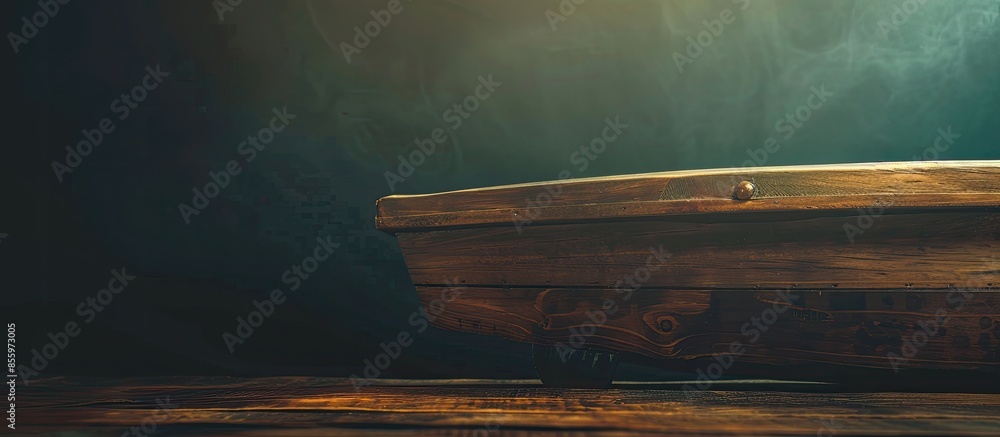 Poster closeup of a wooden coffin with a neutral background. copy space image. place for adding text and de
