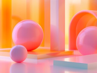 Abstract digital art with vibrant glowing spheres and geometric shapes in pastel colors, creating a futuristic and modern feel.