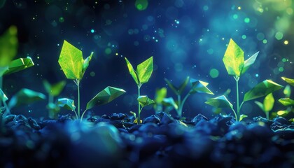 Vibrant, young green plants sprouting from dark soil, illuminated by soft glowing lights in a magical and enchanting environment.