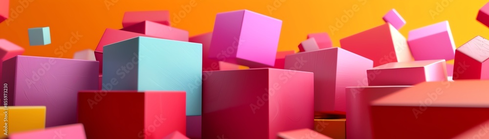 Poster colorful 3d cubes in various sizes against an orange gradient background, creating a vibrant and dyn