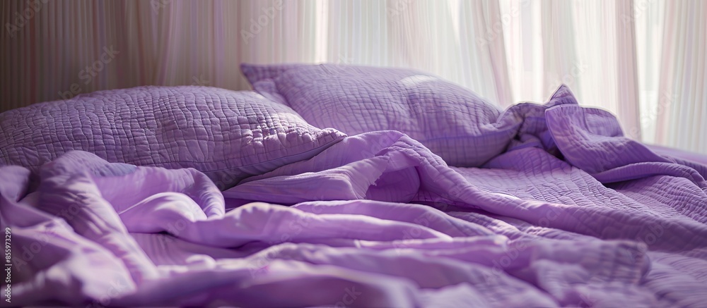 Poster bed with purple quilt. nobody inside. copy space image. place for adding text and design