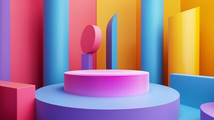 Colorful 3D geometric abstract background with vibrant shapes and podium, ideal for modern design, presentations, and art displays.