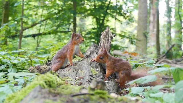 Slow motion footage of an Eurasian red squirrel defending its territory in the woods