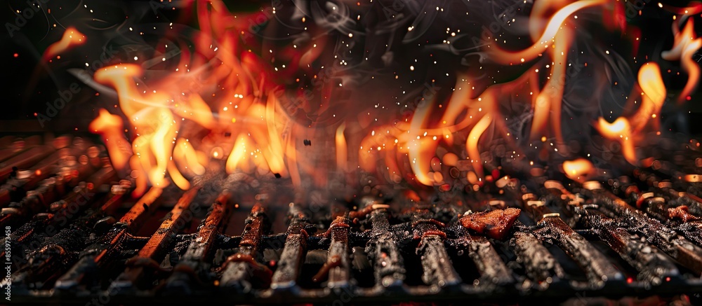 Poster barbecue grill with fire on open air. fire flame. copy space image. place for adding text or design