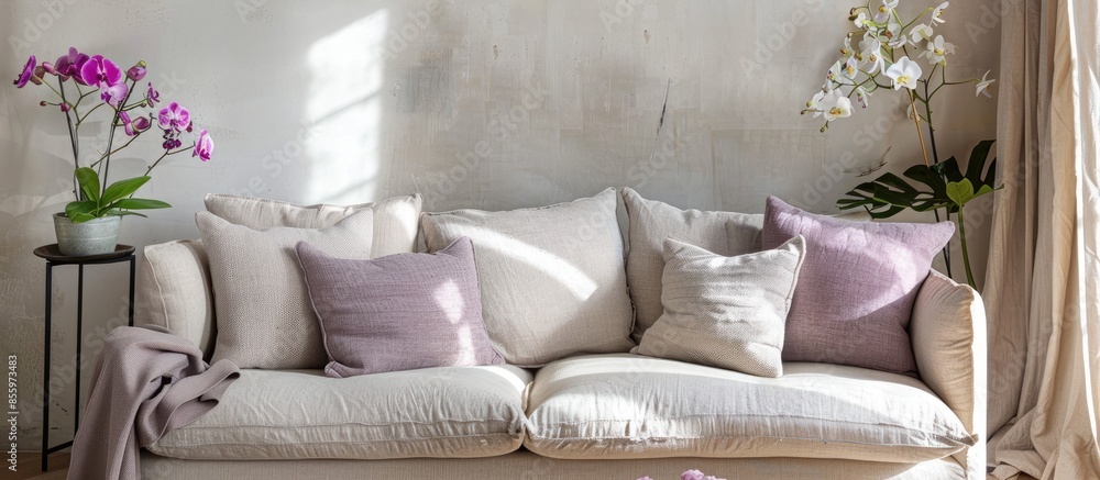 Poster comfortable sofa with cushions in living room decorated with blooming flowers and orchid on table in