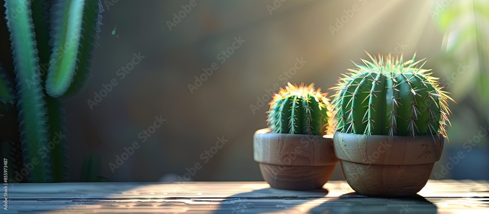 Poster small cactus with window light. copy space image. place for adding text and design