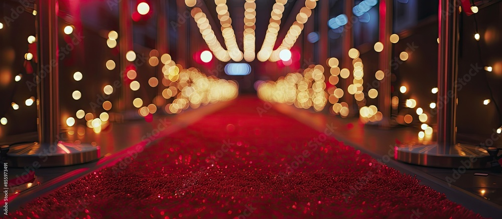 Poster red carpet night illuminated with flashes. copy space image. place for adding text and design