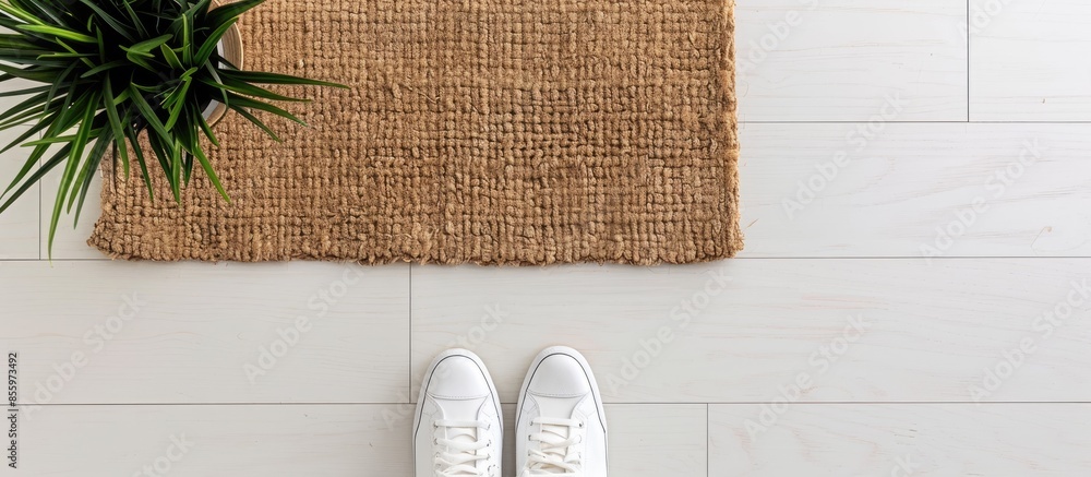 Poster designer welcome entry doormat placed on white floor with white shoes. copy space image. place for a